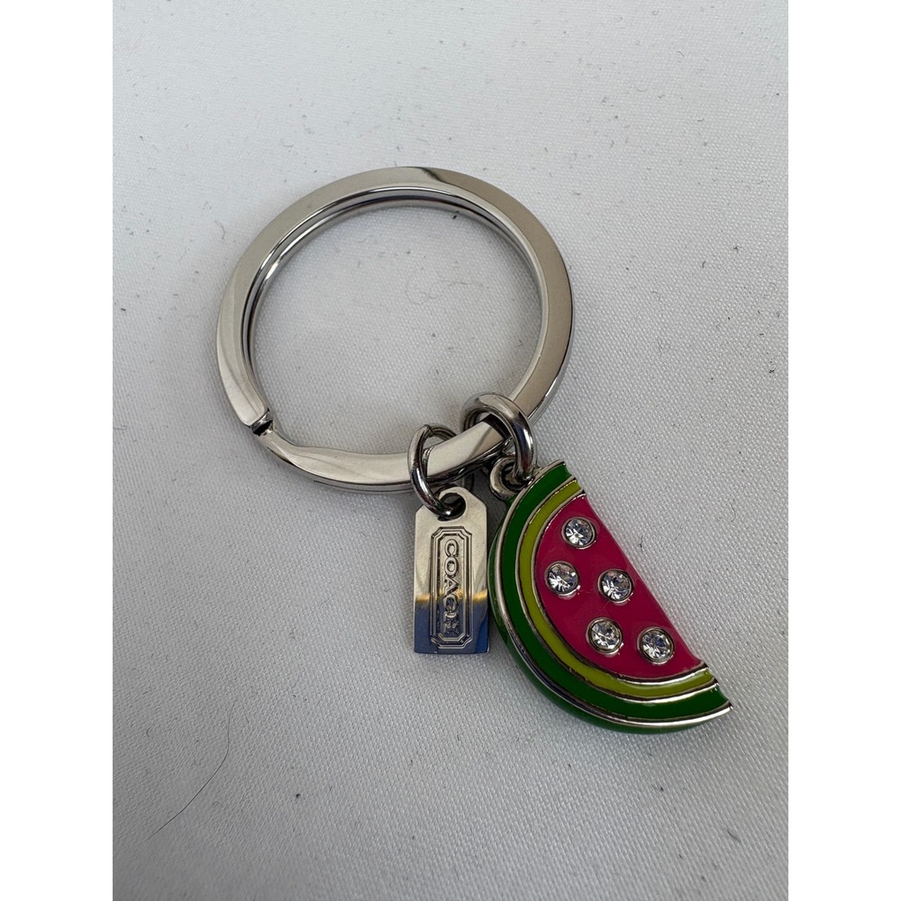 Coach Watermelon Bag Charm Enamel Crystal Fruit Keychain Silver Tone Pink Green